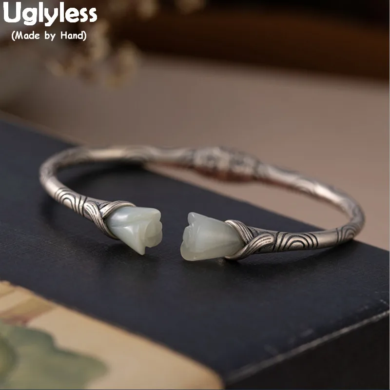

Uglyless Handmade Magnolia Jade Bangles for Women Elegant Floral Dress Jewelry Thai Silver 925 Silver Ethnic Open Bangle Vintage