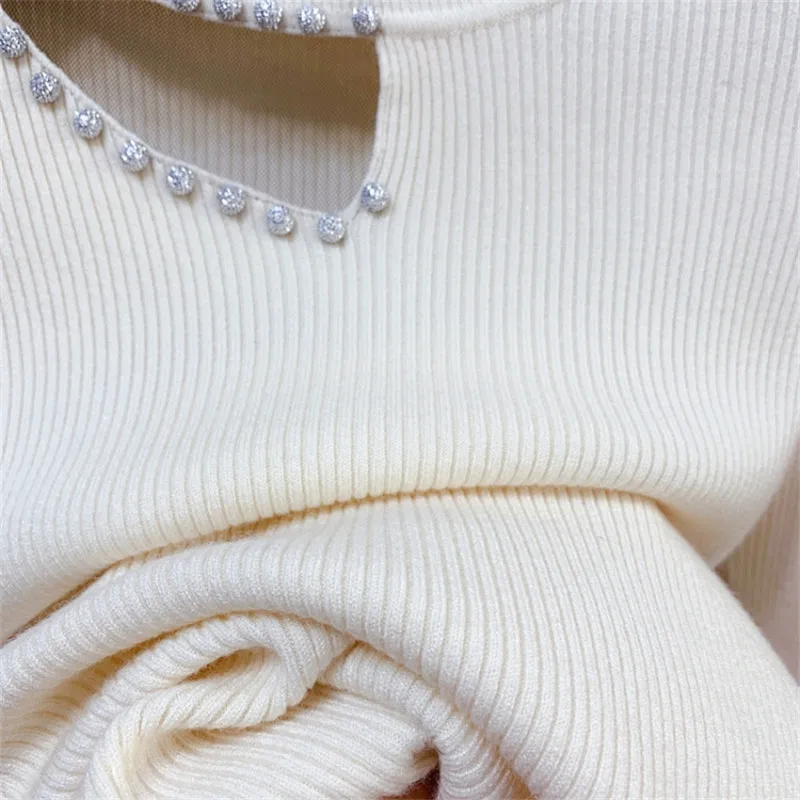 Women autumn winter knitted sweaters hollow mesh long sleeve elasticity beaded casual bottoming pullovers 3140 | Женская одежда