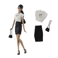 16 bjd clothes white cartoon sleeveless shirt black skirt for barbie dolls clothes set handbag outfits 30cm doll accessory toys