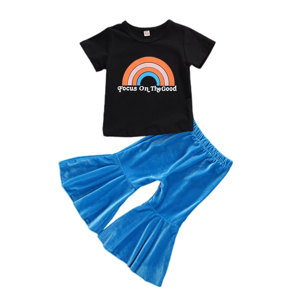 

Toddler Baby Girl Clothes 2Pcs Children Outfit Girls Short Sleeve Rainbow and Letter Print T-shirt Solid Color Flared Trousers