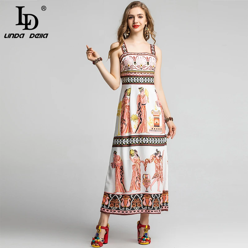 Женское модельное платье LD LINDA DELLA подиумное длинное на бретелях спагетти с