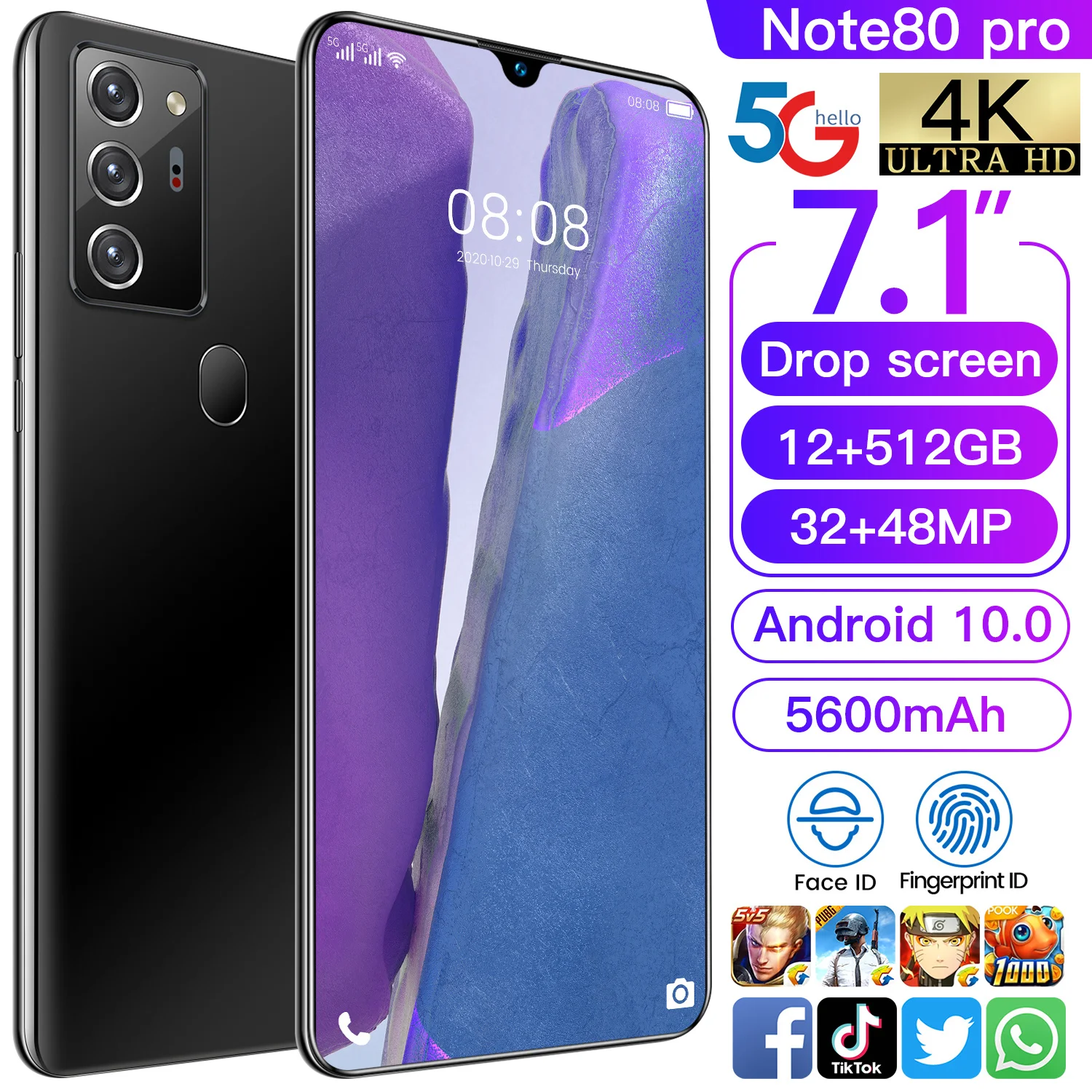 Cectdigi Note80 Pro смартфон 7 1 дюймов полный Экран 10 ядерный Процессор 5600 мА/ч 12 ГБ 512 5G