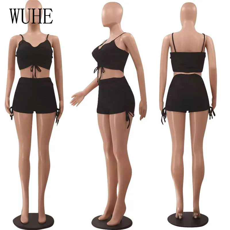 

WUHE Pleated Skinny 2 Sets Spaghetti Strap Off Shoulder Sleeveless Tanks Top and Drawstring Lace Up Short Pants Night Club Party