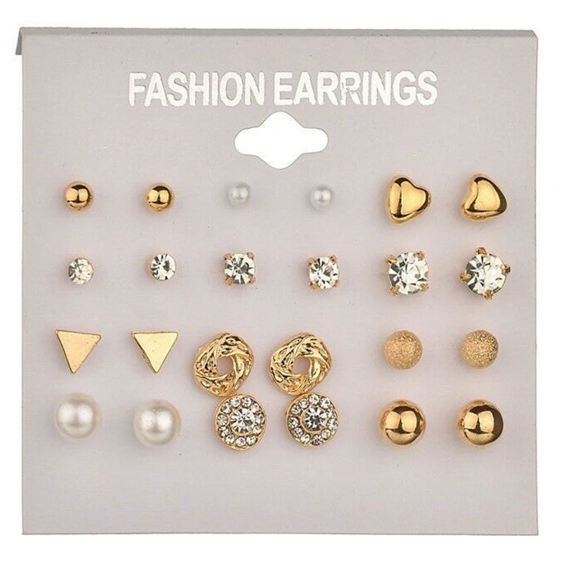 

12 Pairs Elegant Zircon Crystal Stud Earrings Set for Women Fashion Ear Studs Jewelry Gold Heart Shape Stud Pearls Earring