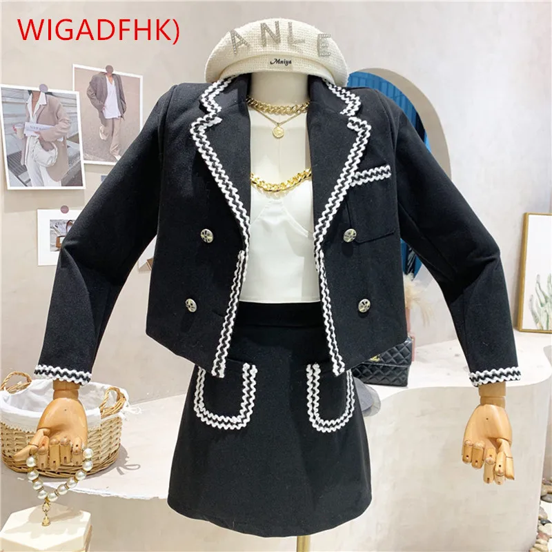 

Элегантный женский офисный костюм на осень/зиму, женское двубортное короткое шерстяное пальто + юбка средней длины, костюм-двойка