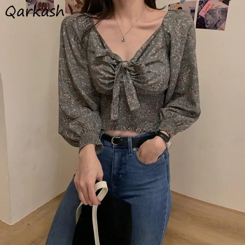 

Blouse Women V-neck Sexy Simple Bandage Lantern Sleeve Elegant Retro Floral Thin Summer Chiffon Clothing Sweet Maiden Daily Crop