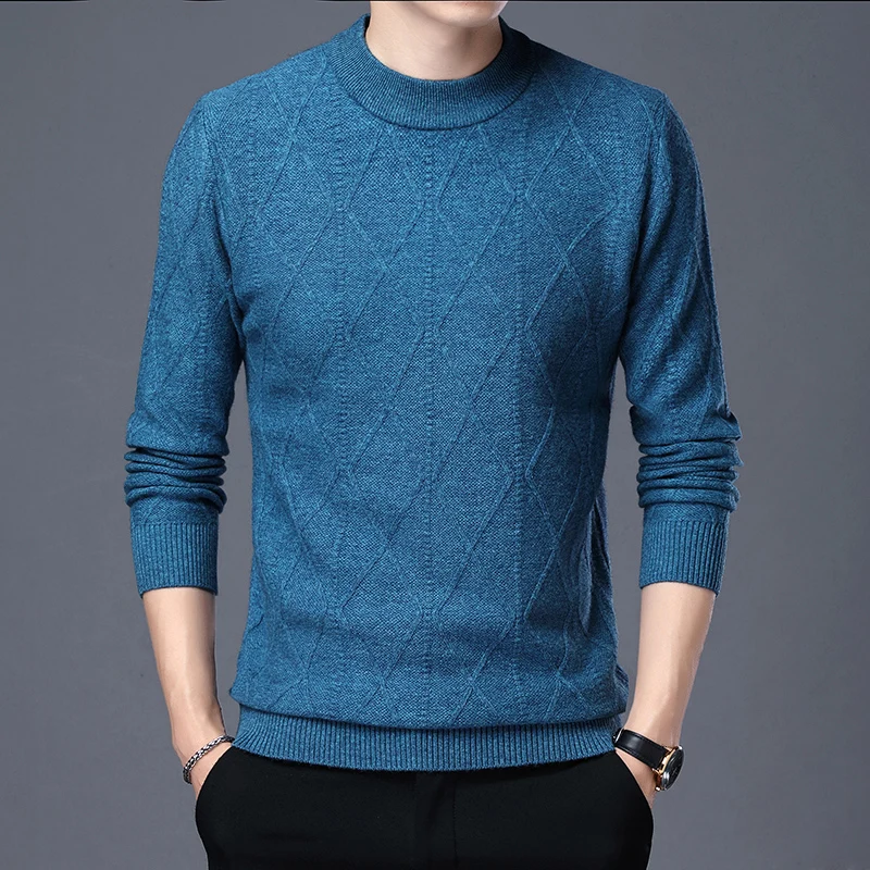 Men's Thicken 100% Wool Sweater Winter & Autumn Fashion Plaid Cashmere Knitwear Male O-Neck Pure Wool Thick Warm Sweaters