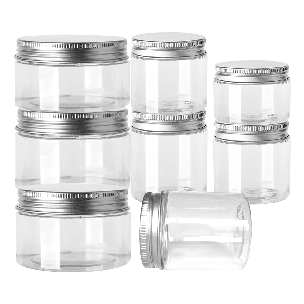 

10pcs 30ml-150ml Clear Plastic Storage Jars Aluminum Cap Round Canister Travel Bottle Pot Balm Wide Mouth Refillable Container