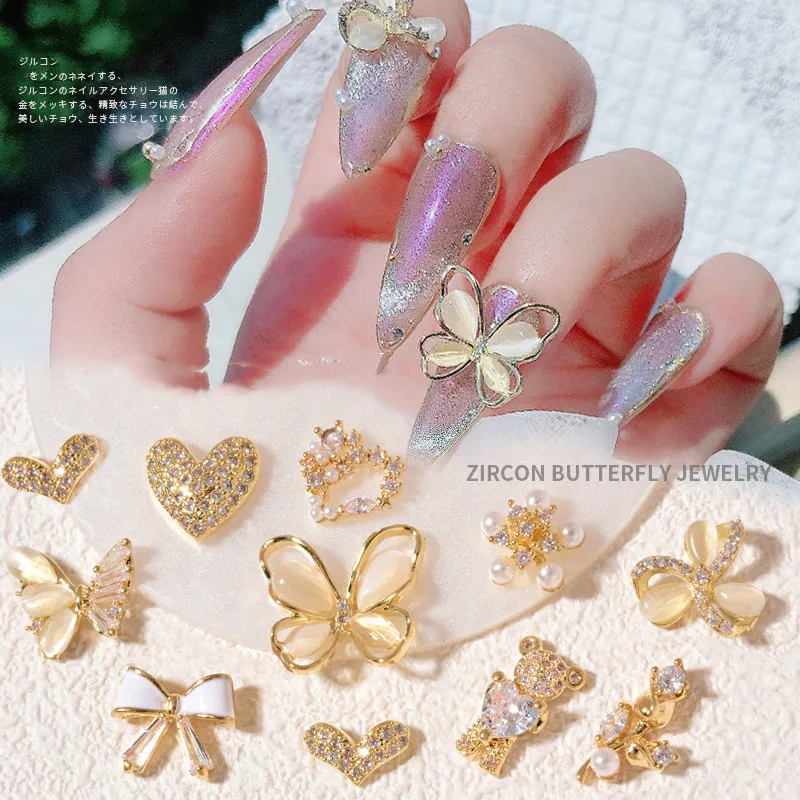 

5 PCS 3D Nail Art Accessories Bow Jewelry 2021 New Love Zircon Bear Pearl Nail Diamond Charm Nail Art Decoration
