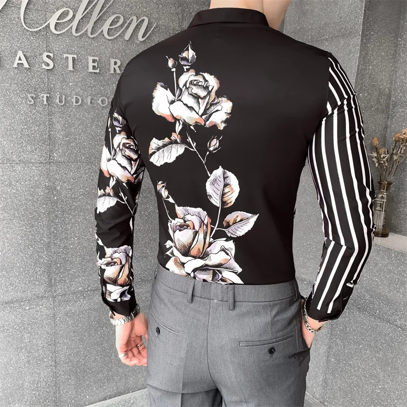 Мужская рубашка белого/черного цвета корейская модная Осенняя с цветочным