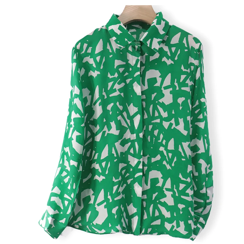 

SHUCHAN Womens Shirts Fashion Clothes Woman 2021 Natural Silk Turn-down Collar Office Lady Chiffon Print Korean Fashion