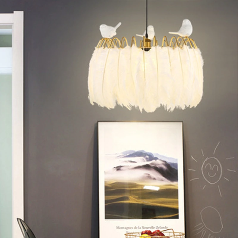 

Ins Hot Ostrich Feather Bedroom Pendant Lamp Creative Bird Feather Girl's Room Restaurant Model Room Haning Light Fixtures