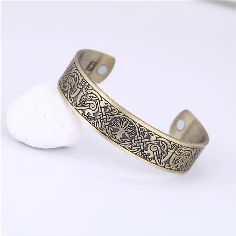 Antique Bronze Skyrim Vintage Tree of Life Ravens Birds Cuff Bracelets Magnetic Health Open Viking Amulet Bangles For Men Nordic Myth Jewelry - Окраска металла: Antique Bronze