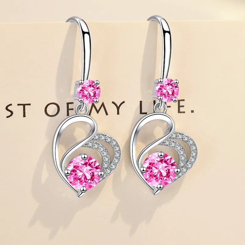 

Luxury Female Pink White Stone Earrings Silver Color Long Drop Wedding Earrings Vintage Round Heart Dangle Earrings For Women
