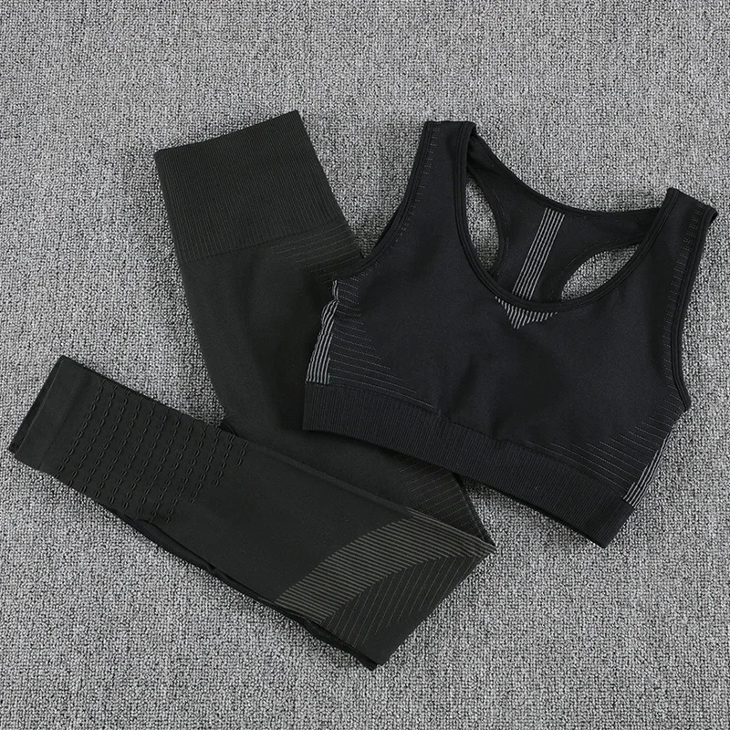 

2 Piece Set Women Stripe Seamless Yoga Set Workout Fitness Clothes for Women Crop Top Push Up Leggings Gym Set
