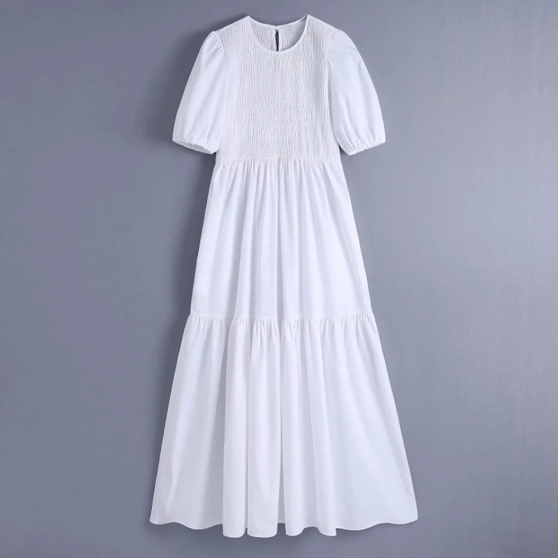 

Summer Women Elastic Bust White Midi Dress Female O Neck Short Sleeve Clothes Casual Lady Loose Vestido D7557