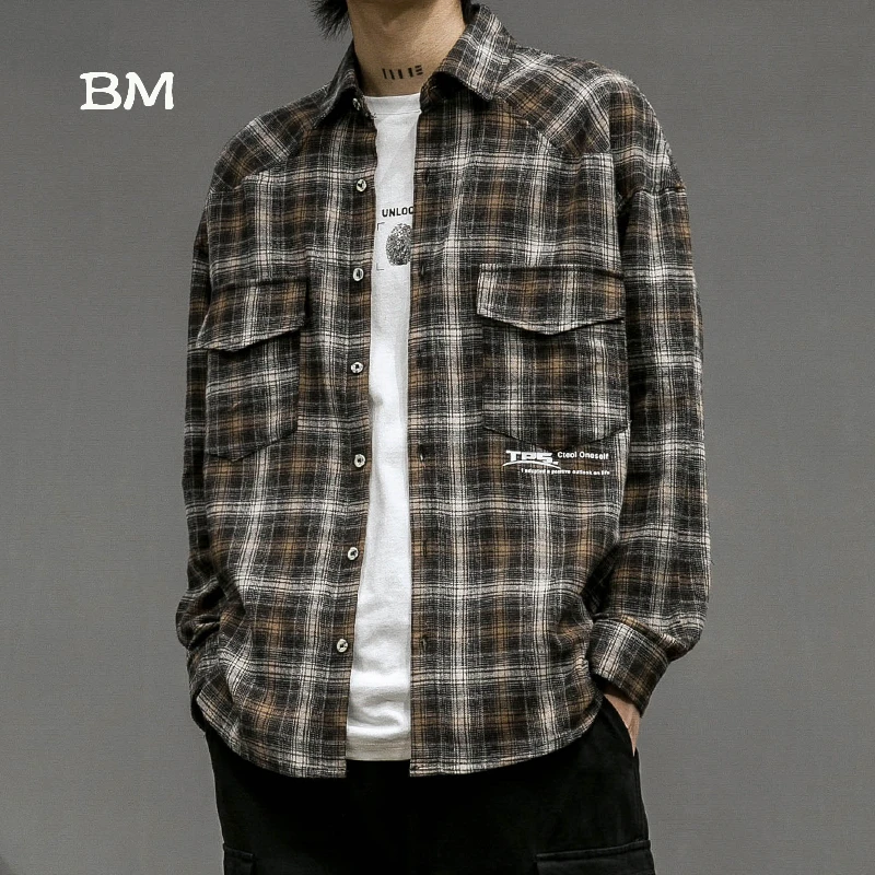 Программатор рубашка мужская платье японский harajuku клетчатая уличная одежда с