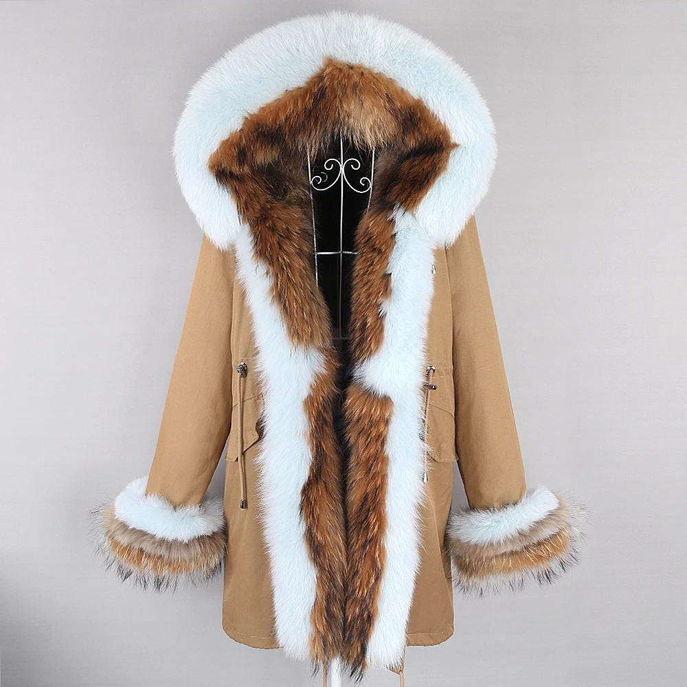 Women Winter Real Fur Coat Natural Fur Jacket Large Raccoon Fur Collar Hooded Thick Warm Streetwear Detachable Long Parka
