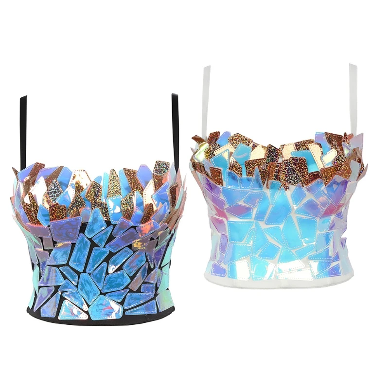 

Women Holographic Rainbow Sequins Bustier Bra Sexy Spaghetti Strap Push Up Corset Camisole Shiny Glitter Colorful Rave Crop