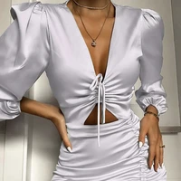sexy deep v neck party dress women satin lace up ruffles holow out ruched dress female vestido elegant slim mini dresses new