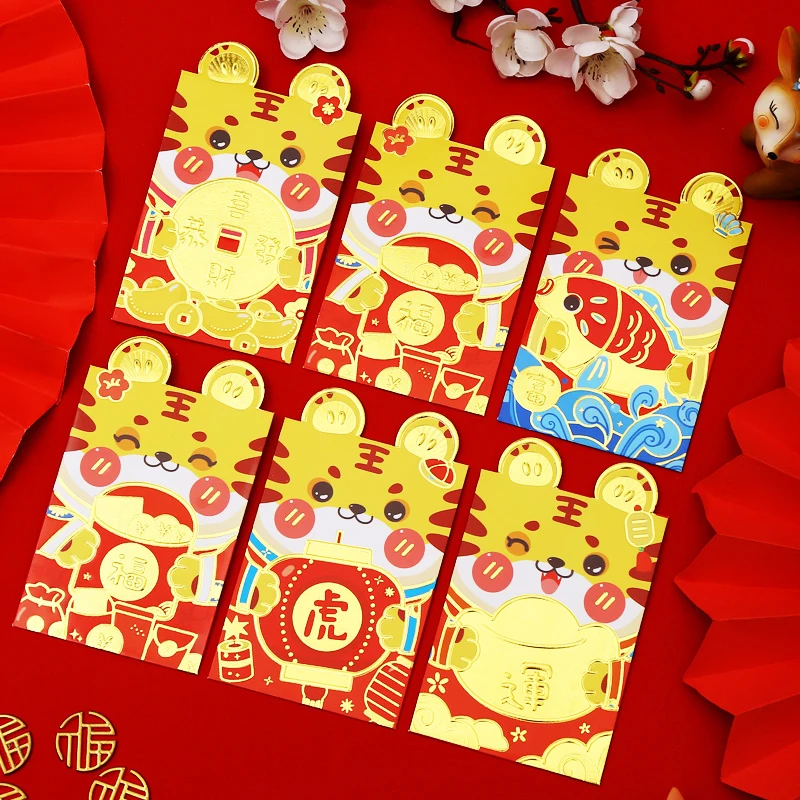 

6 шт., красные конверты с изображением китайского Нового года 2022 года