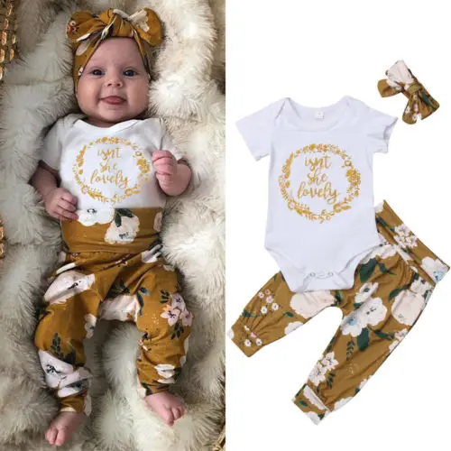 

3PCS Newborn Baby Girl Boy Clothes Short Sleeve Floral Print Romper+Flower Pants+Headband Baby Girl Boys Set Infant Clothing