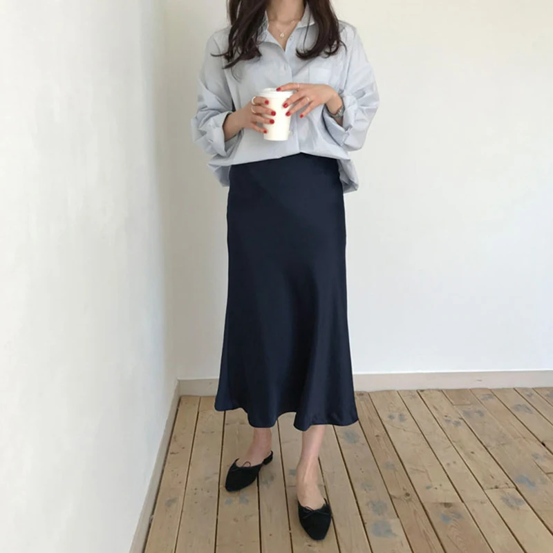 

2021 Korean Summer Elegant High Waist Women Long Silk Satin Skirt Brief Solid Color Zipper Midi Wrap Skirts