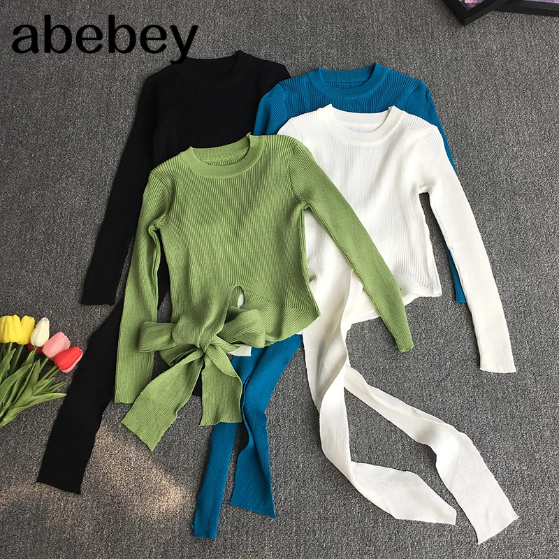 

2021 New Spring Autumn Korean O-neck long sleeve knitted Pullover bow bandage waist closed solid color short Sweater Top