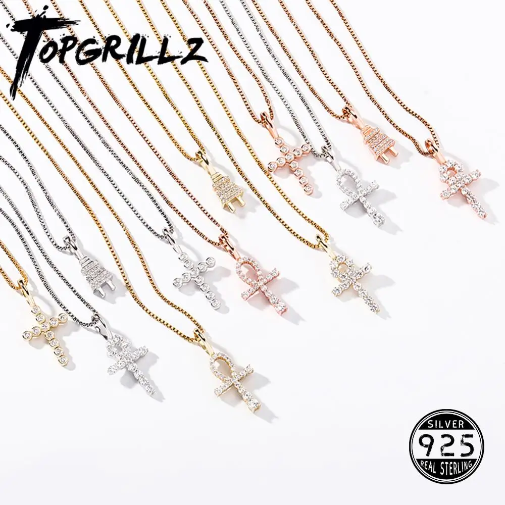 TOPGRILLZ 925 Sterling Silver Small Ankh Cross Pendant Iced Out Cubic Zirconia Womens Necklace Personalized Fashion Jewelry Gift