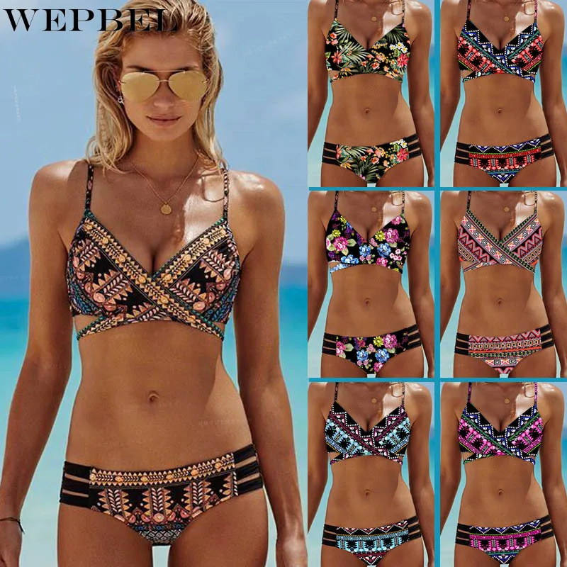 

WEPBEL Women's Split Swimsuit Folk Style Printed Bikini Set Beachwear