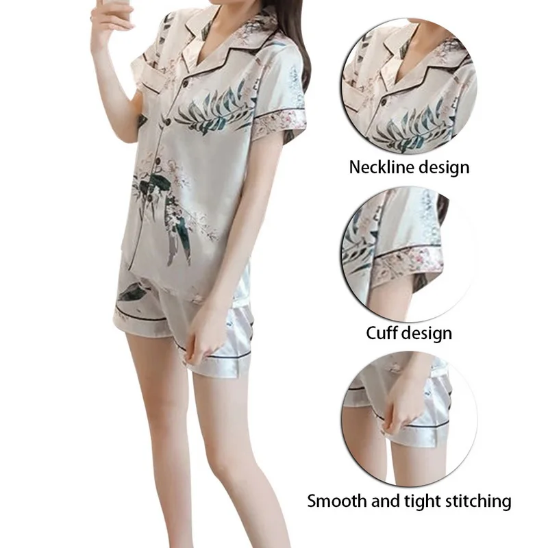 

2020 Summer Women Short Sleeved V-neck Pajamas Set Sexy Silk Satin Pyjamas Girl Pijama Woman Sleepwear Top Homewear Set