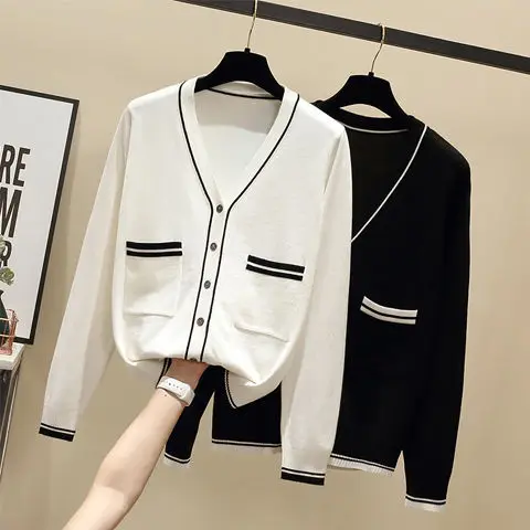 

2021 Ice Silk Knitted Cardigan Jacket Female Thin Shawl with V-neck Long-sleeved Loose Sunscreen