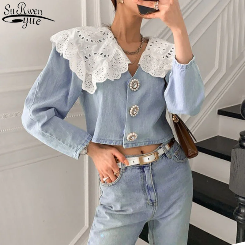 

Women Shirts 2021 Spring Autumn Korean Sweet Temperament Girls Age-Reducing Lace Stitching Doll Collar Demin Blouses Blusa 13968