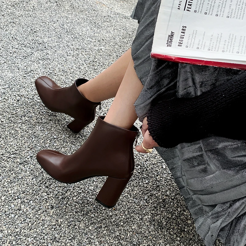 QUTAA PU Leather Ankle Boots Super Square High Heel Women Shoes Zipper Autumn Pointed Toe Motorcycle Casual Big Size 34-43