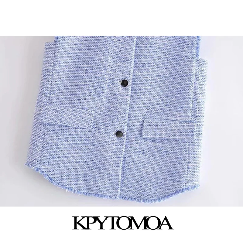 

KPYTOMOA Women 2021 Fashion With Frayed Trims Tweed Waistcoat Vintage Sleeveless Button-up Female Vest Outerwear Chic Tops