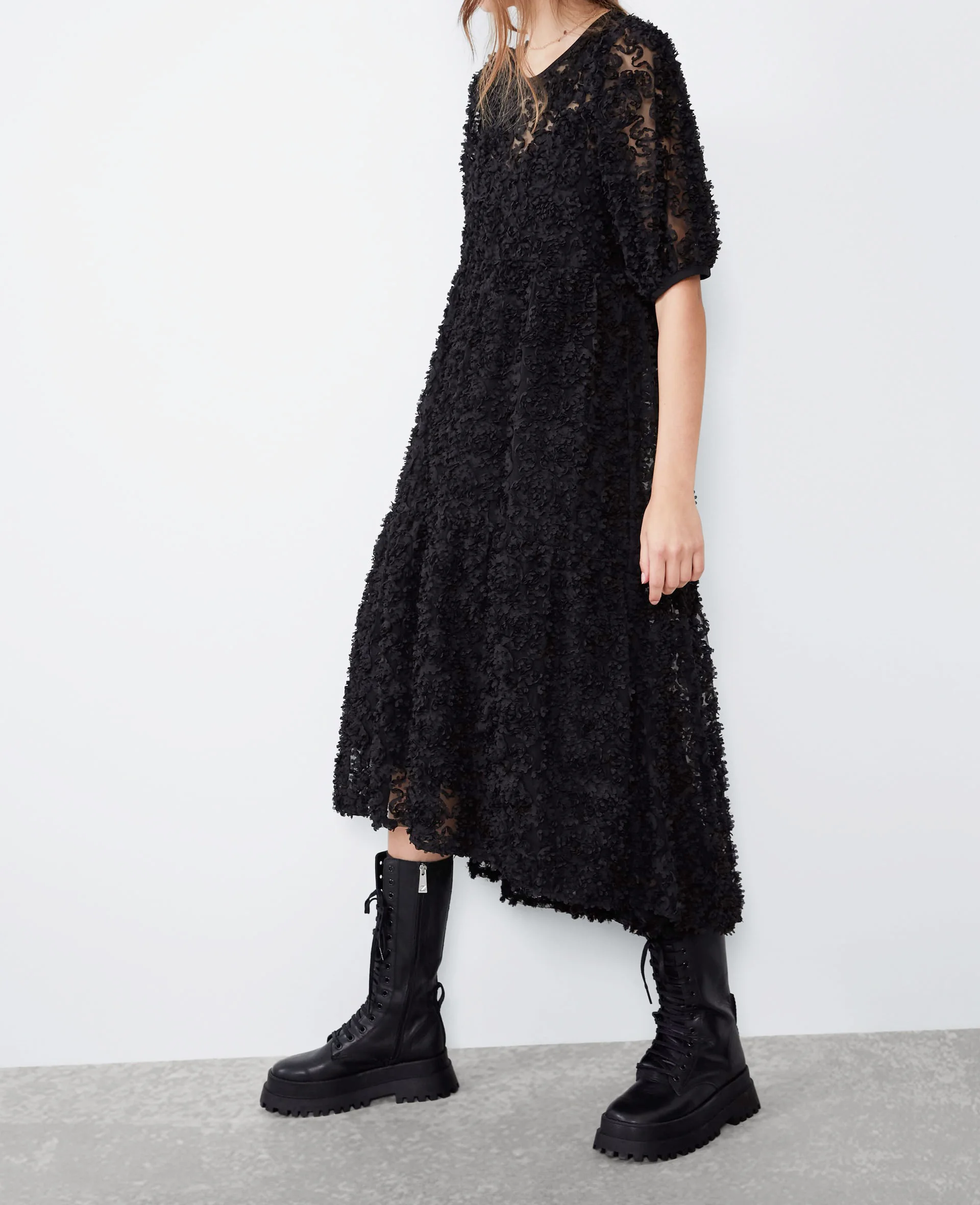 Star firefly casual western puff sleeve round neck openwork lace Za long dress female loose stitching dress women