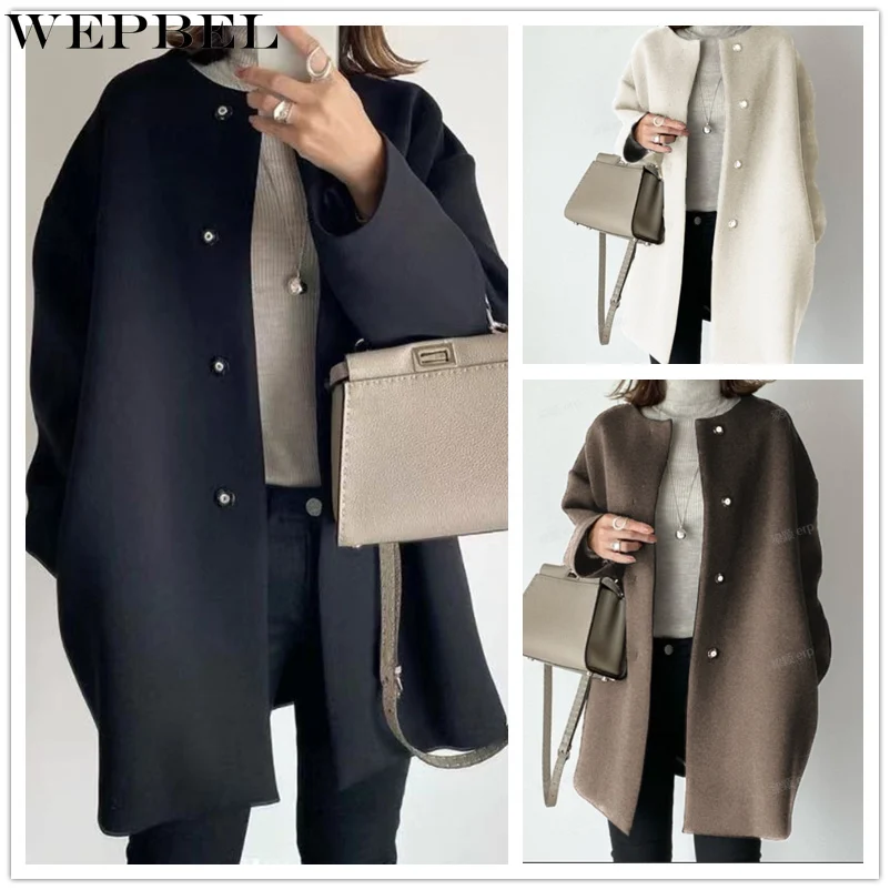 

Женское зимнее шерстяное пальто WEPBEL в Корейском стиле, женская модная однобортная Свободная куртка с длинным рукавом и круглым вырезом, вер...