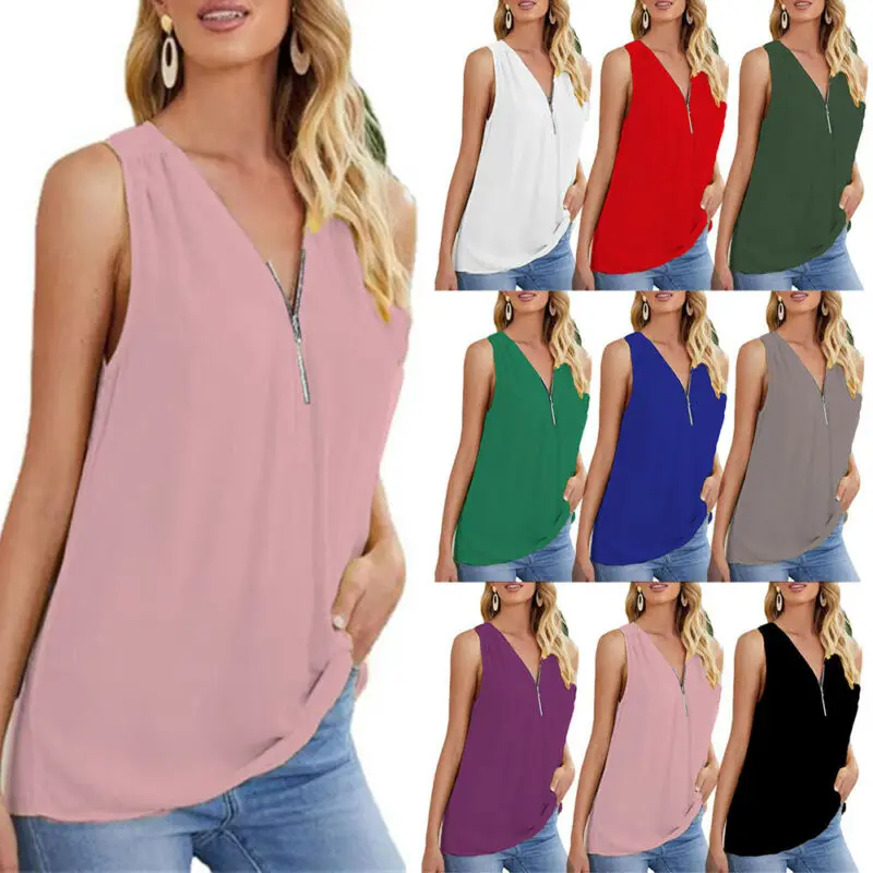 

Женская однотонная одежда с вырезом на молнии; Коллекция 2021 года; Летняя Свободная майка без рукавов; Повседневная Свободная однотонная мод...