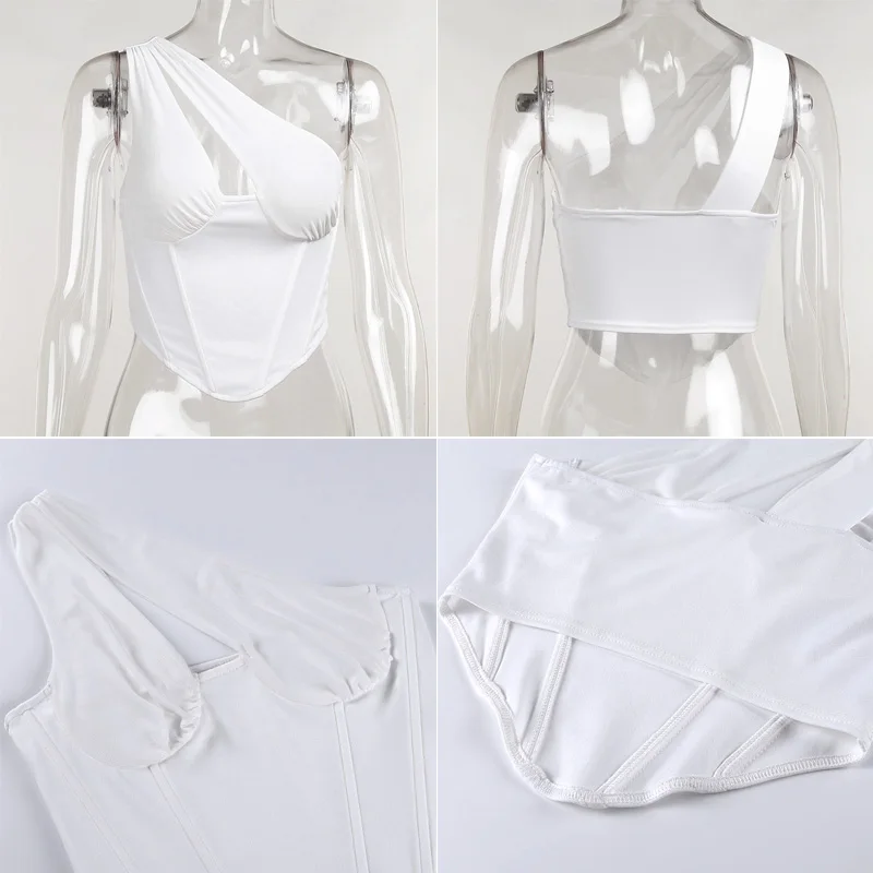 

White One Shoulder Corset Top Sleeveless Hollow Out Women's Crop Top Sexy Wrap Bustier Tank Top Summer Clubwear