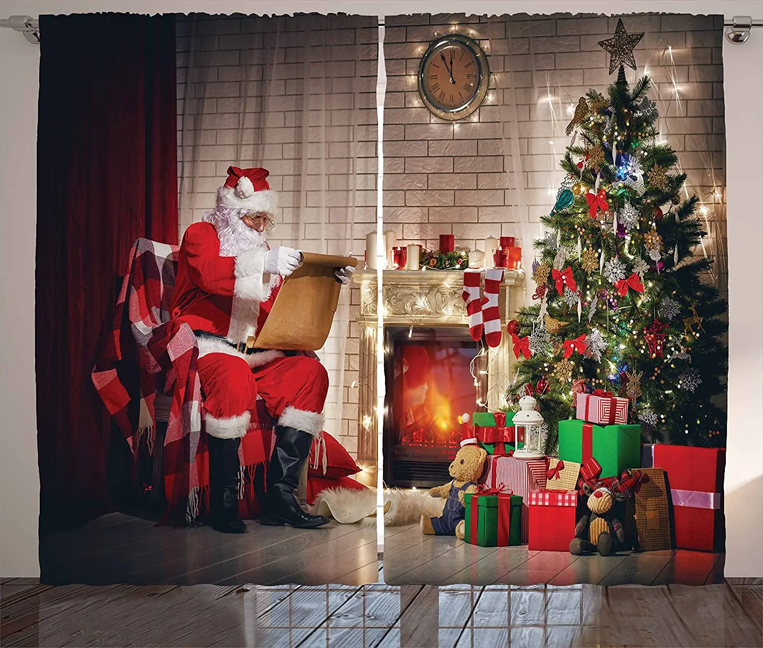 

Santa Blackout Curtains Old Santa Claus Sitting at Home at Christmas Night Reading a Letter Near The Tree Window Curtain
