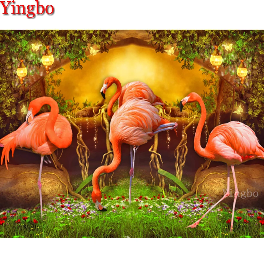 Алмазная картина полный квадрат Круглый фламинго Садовый цветок вышивка крестом