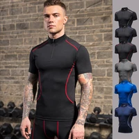 men zipper high collar sports running shirts compression elasticity sportswear fitness gym short sleeve shirts custom logo