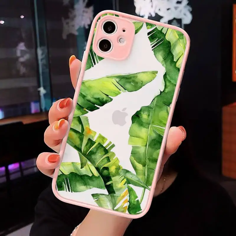 

green leaf Phone Case For iPhone 12 11 Mini Pro XR XS Max 7 8 Plus X Matte transparent Pink Back Cover