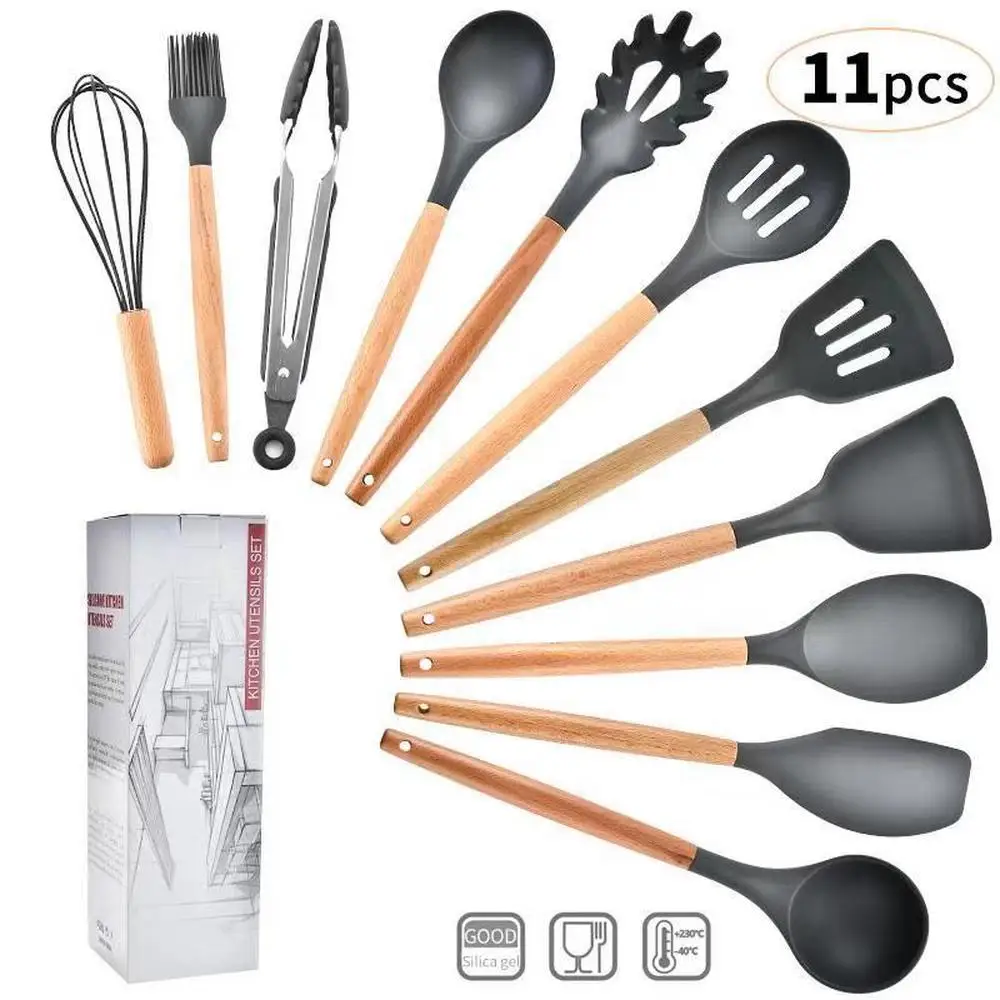 11pcs kitchen set 12 шт., набор силиконовой посуды, набор кухонной посуды с бамбуковым держателем, набор кухонных шпателей, ложка, Тернер, венчик, щипцы - Цвет: 11pcs kitchen set