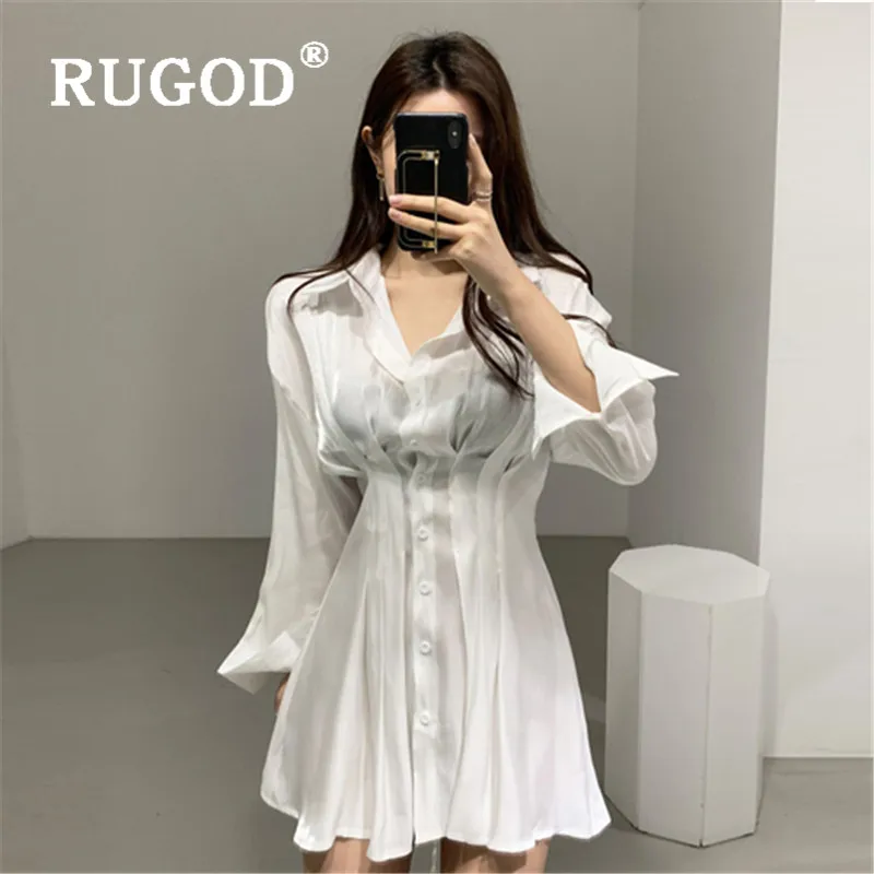RUGOD Korean chic Floodlight women dress Elegant turn-down collat slim office ladies mini party Casual solid tunic dresses | Женская