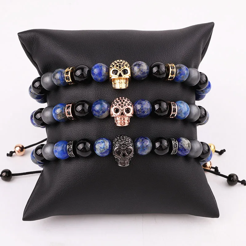 

New Design Natural Stone CZ Pave Skull Charm Friendship Macrame Adjustable Bracelet Men