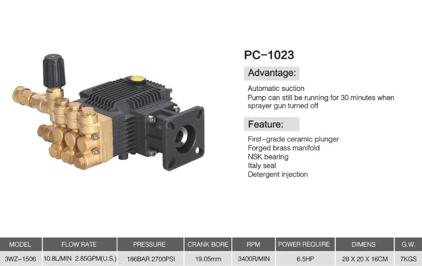 

PC-1023 компактный плунжерный насос высокого давления из меди, 186bar 2700psi 10.8L/мин