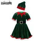Iiniim Детский Рождественский костюм Санта-Клауса для девочек с гофрированными рукавами лоскутное платье-пачка с бахромой с ремнем для шляпы