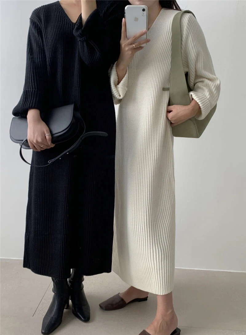 

2021 Spring Women Sweater Dress V-neck Striped With Medium Length Fall Outwear