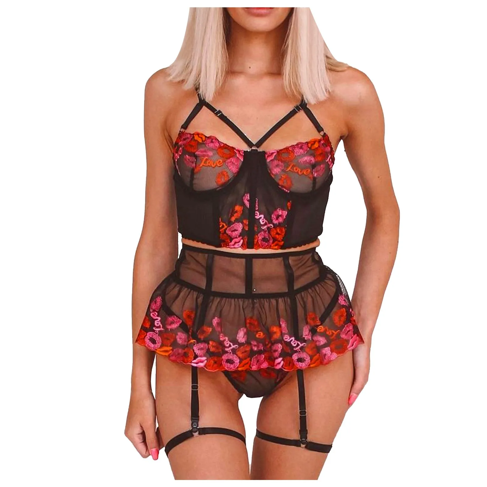 

Женское нижнее белье, эротическое платье-комбинация, кружевное сексуальное нижнее белье с вышивкой, бюстгальтер, стринги, комплект с подвяз...